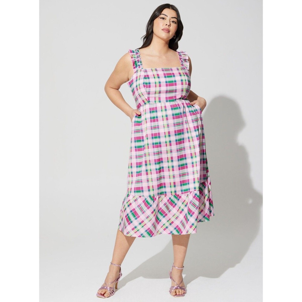 Torrid Poplin Tiered Ruffle Strap Plaid Midi Dress Plus